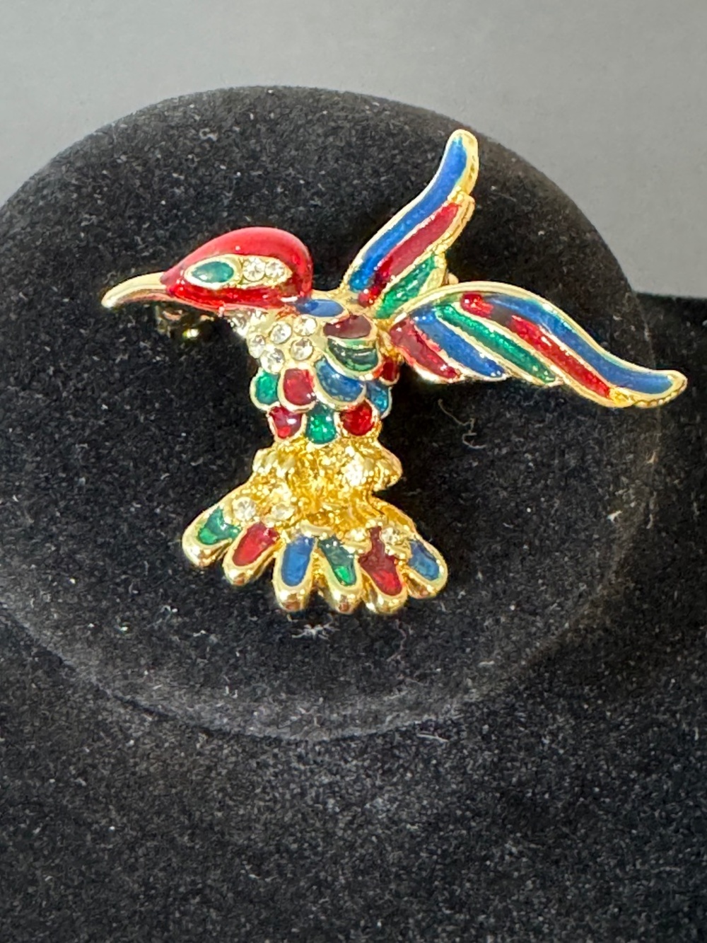 Vintage Enamel Multi Color Gold Tone Hummingbird Brooch with Rhinestones